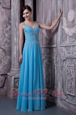 Best Discount Aqua Blue Evening Dress Empire Straps Chiffon Beading Floor-length