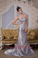 Best Grey Column Strapless Brush Train Elastic Woven Satin Appliques Prom / Evening Dress