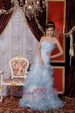 Best 2013 Baby Blue Prom / Evening Dress Mermaid Strapless Organza Belt and Ruffles Floor-length