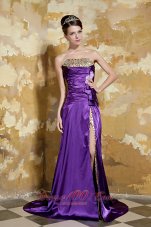 Best Purple Column Strapless Brush Train Elastic Woven Satin and Leopard Beading Prom Dress