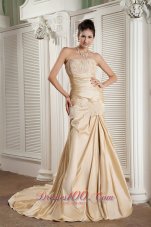 Best New Champagne A-line Strapless Prom / Evening Dress Satin Appliques Court Train