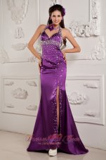 Best Elegant Eggplant Purple Evening Dress Mermaid Halter Satin Beading Brush Train