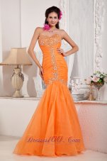 Best Orange Mermaid Sweetheart Floor-length Organza Beading Prom Dress