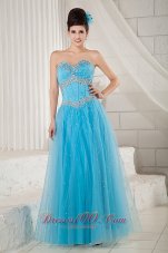 Best Popular Aqua Blue Prom Dress A-line Sweetheart Tulle Beading Floor-length