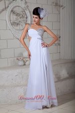 Best Elegant White Empire One Shoulder Prom Dress Chiffon Beading Brush Train