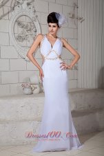 Best Custom Made White Empire V-neck Prom Dress Chiffon Ruch Brush Train