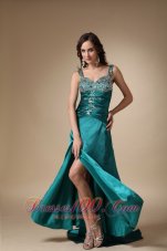 Best Turquoise Column Straps Brush Train Elastic Woven Satin Beading Prom / Evening Dress