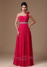 On Sale Coral Red Empire One Shoulder Hand Made Flowers Beaded Decorate Waist Formal Evening Prom Dress For Custom Made