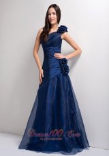 On Sale Navy Blue A-line One Shoulder Floor-length Tafeta and Organza Hand Made Flowers Prom Dress