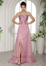 On Sale One Shoulder High Slit Light Pink 2013 Prom Dress With Ruch and Beading
