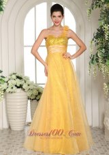 On Sale Custom Made Light Yellow One Shoulder Beading and Ruch Prom Dress With Strapless