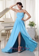 On Sale Aqua Blue Sweetheart High Slit Beaded Decorate Bust Prom Dress For Custom Made Chiffon Brush Train