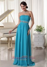 On Sale Beaded Decorate Waist Ruched Teal Chiffon Prom Dress With Brush Train