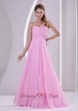 On Sale Pink One Shoulder Pleat Chiffon Empire Brush Train Bridesmaid Dress For Wedding Party