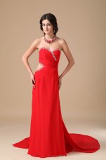 On Sale Red Column Sweetheart Court Train Chiffon Beading Prom Dress