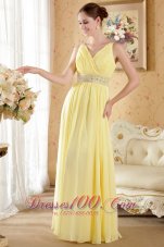 On Sale Yellow Column / Sheath V-neck Floor-length Chiffon Beading and Ruch Prom / Evening Dress