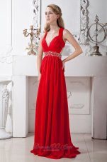 On Sale Red V-neck Crossed Back Chiffon Prom / Homecoming Dress with Beading