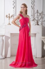 On Sale Coral Red Empire One Shoulder Sequins Prom Dress Brush Train Chiffon