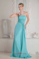 On Sale Aqua Blue Empire Strapless Beading Prom Dress Brush Train Chiffon