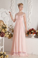 On Sale Baby Pink Empire Straps Beading and Ruch Prom Dress Brush Train Chiffon