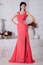 On Sale Watermelon Prom / Evening Dress Empire Straps Brush Train Chiffon Ruch