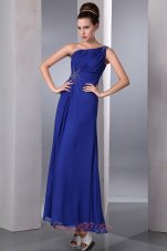 On Sale Blue Empire One Shoulder Beading Prom Dress Ankle-length Chiffon
