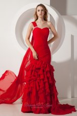 On Sale Red Mermaid Watteau Ruffles Prom Dress One Shoulder Train Chiffon
