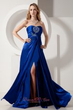 On Sale Royal Blue Column Strapless Prom Dress Elatic Wove Satin Beading Brush Train