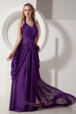 On Sale Purple Column Halter Court Train Prom / Evening Dress Chiffon Beading