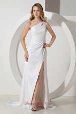 On Sale White Column One Shoulder Prom Dress Brush Train Sequin