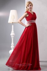On Sale Modest Wine Red Empire V-neck Plus Size Prom Dress Floor-length Chiffon Beading