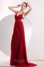 On Sale Sexy Wine Red Empire Straps Prom / Evening Dress Brush Train Chiffon Beading