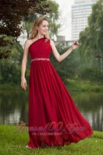 On Sale Wine Red Empire One Shoulder Floor-length Chiffon Beading Prom Dress