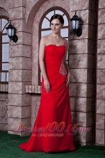 On Sale Beautiful Red Empire One Shoulder Prom Dress Chiffon Beading Brush Train