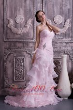On Sale 2013 Baby Pink Prom Dress Column Sweetheart Brush Train Ruch and Beading Organza