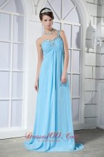 On Sale Light Blue Empire One Shoulder Brush Train Chiffon Beading Prom Dress