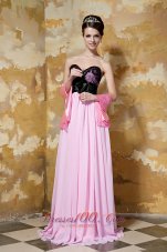 On Sale Pink and Black Column Sweetheart Brush Train Chiffon Hand Made Flower Prom Dress