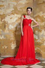 On Sale Red Empire One Shoulder Watteau Train Chiffon Beading Prom Dress