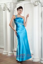 On Sale Affordable Teal Column Prom Dress One Shoulder Beading and Ruch Ankle-length Satin