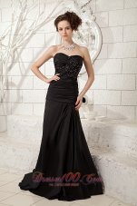 On Sale Modest Black Little Black Dress Column Sweetheart Taffeta Ruch and Beading Brush Train