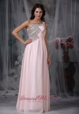 2013 Baby Pink Empire One Shoulder Floor-length Chiffon Beading Prom Dress