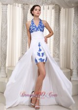 2013 White Column Halter Floor-length Taffeta Appliques Prom Dress