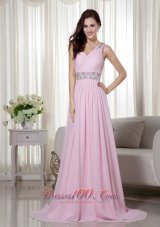 2013 Baby Pink Empire One Shoulder Brush Train Chiffon Beading and Ruch Prom / Celebrity Dress