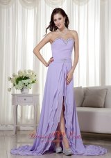 2013 Lilac Detachable High Low Chiffon Prom Dress Sweetheart Brush Train Beading