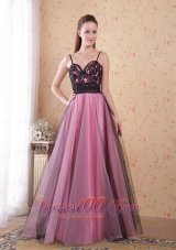 2013 Rose Pink A-Line / Princess Spaghetti Straps Floor-length Tulle Lace Prom Dress