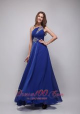2013 Blue Empire One Shoulder Floor-length Chiffon Beading Prom Dress