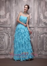 2013 Aqua Blue Empire Strapless Floor-length Chiffon Beading and Ruffles Prom Dress
