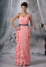 2013 Spencer Iowa Beaded Decorate Wasit Ruched Decorate One Shoulder Light Pink Chiffon Floor-length For 2013 Prom / Evening Dress