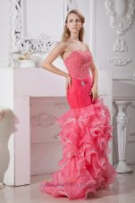 2013 Beautiful Coral Red and Light Pink Mermaid High-low Prom Dress with Beading