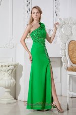 2013 Green One Shoulder Hand Made Flowers Cut Out Prom Dress Floor-length Elastic Wove Satin